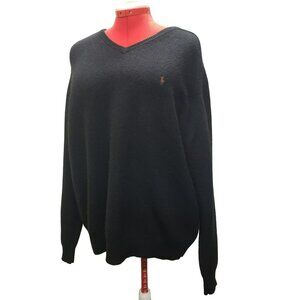 Polo Ralph Lauren V-Neck Sweater XXL, Black, 100% Lambswool, Classic Long Sleeve